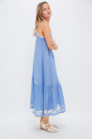 Denim and Cream Chambray V-Neck Midi Dress