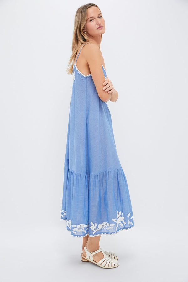 Denim and Cream Chambray V-Neck Midi Dress