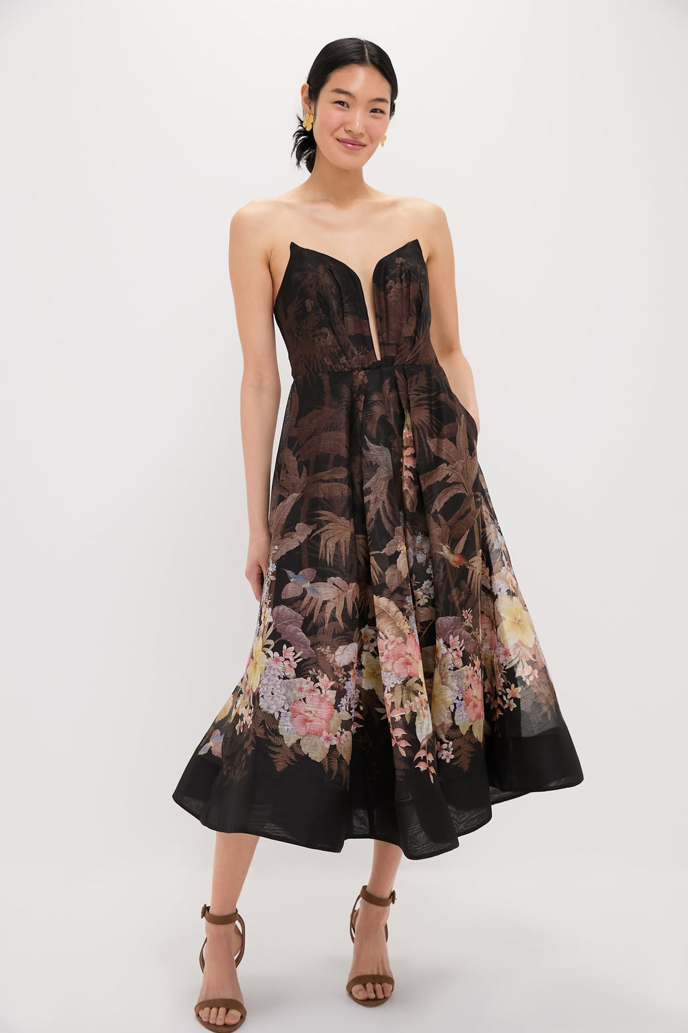 Black Tropical Illuminate Draped Midi Dress