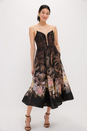Black Tropical Illuminate Draped Midi Dress