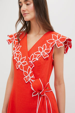 Red and White Embroidery Tessa Midi Dress
