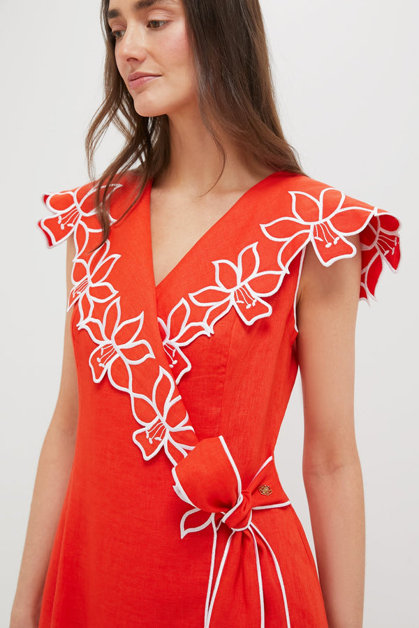 Red and White Embroidery Tessa Midi Dress