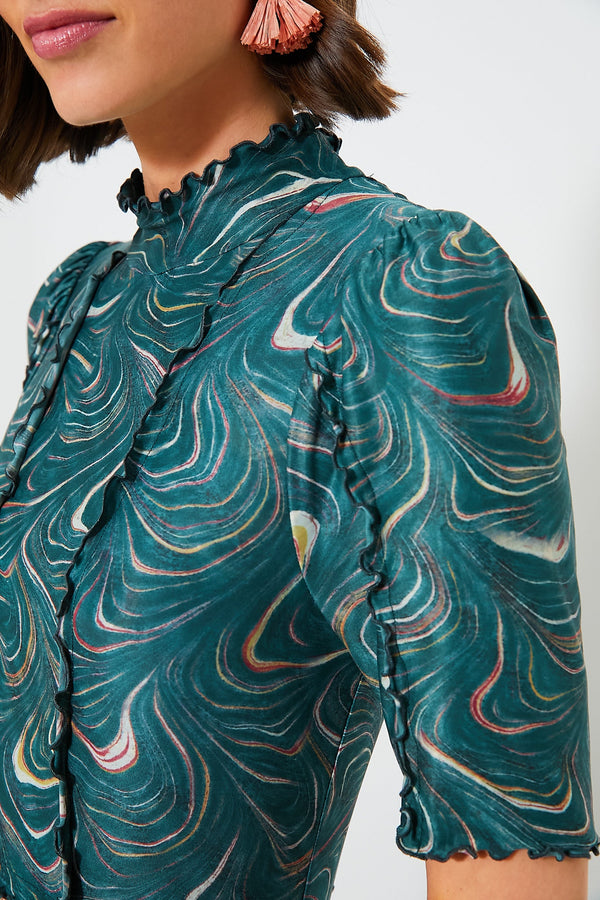Green Amara Marble Print Long Sleeve Dress