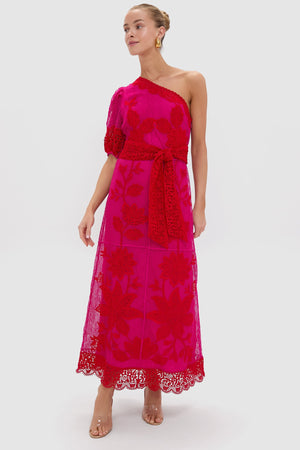 Red Guipuire Bicolor One Shoulder Maxi Dress