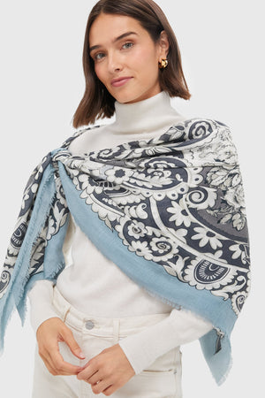 Blue Filigree Silk Cashmere Blend Large Scarf