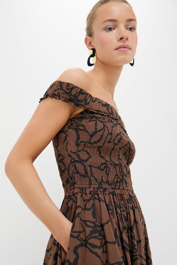 Large Lace Floral Chocolate Britt Off-Shoulder Maxi
