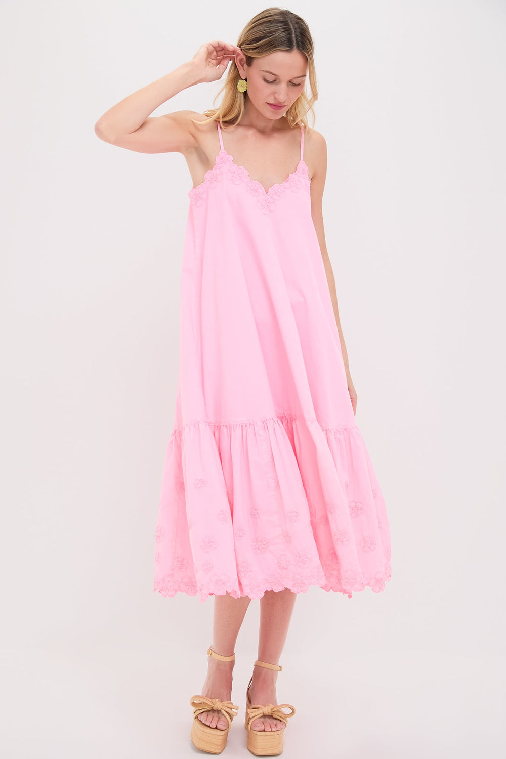 Pink Grapefruit Poplin V-Neck Midi Dress