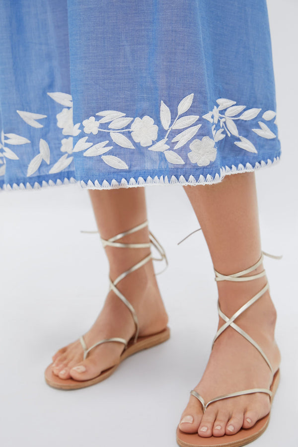 Denim and Cream Chambray Tie Back Dress with Embroidery