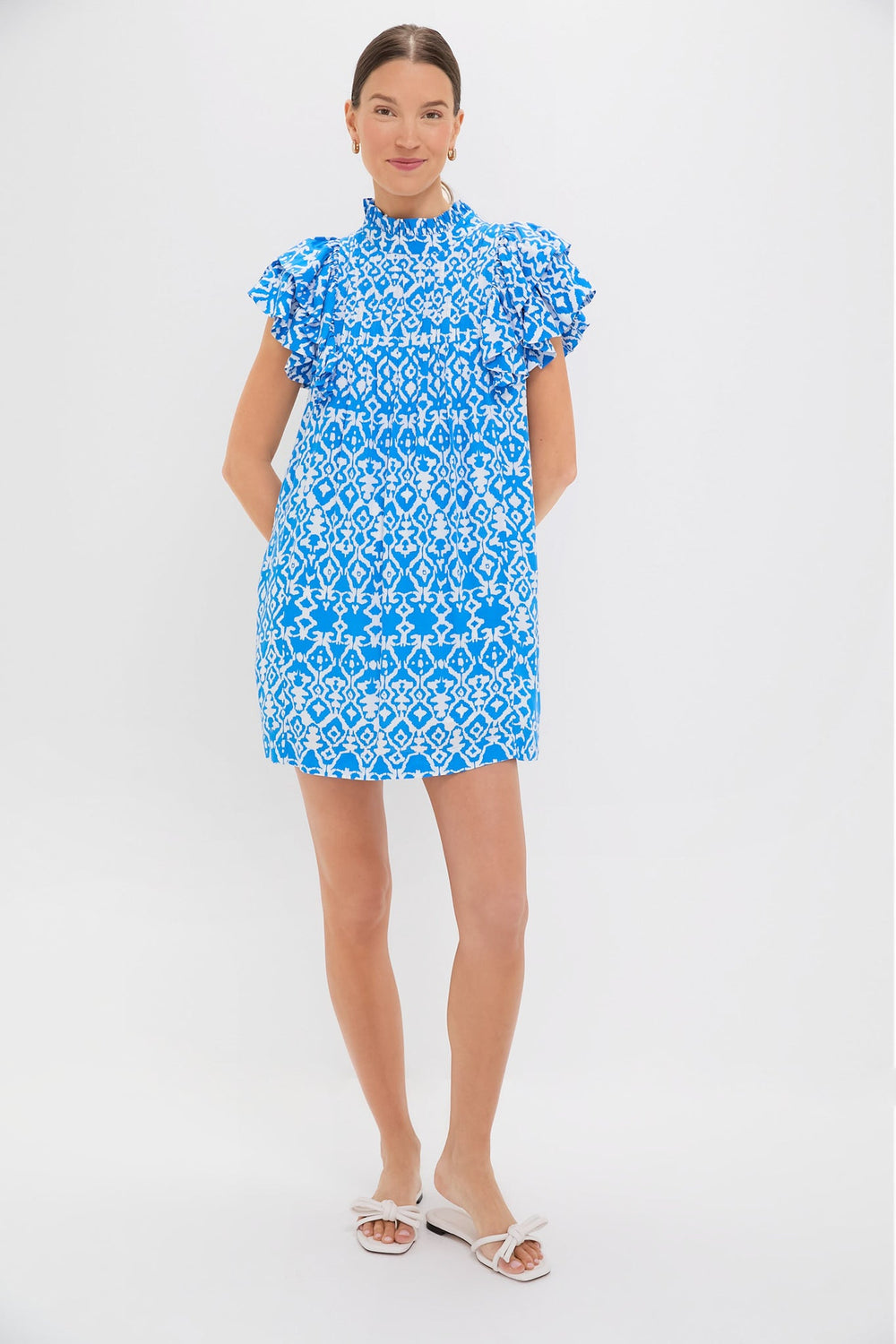 Blue & White Geo Ruffle Sleeve Simmons Mini Dress
