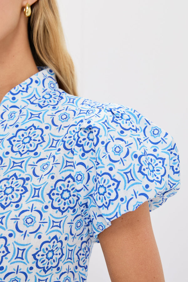 Blue Medallion Puff Sleeve Button Midi Dress