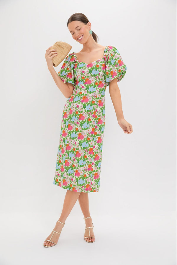 Green Multi Begonia Floral Sallie Midi Dress