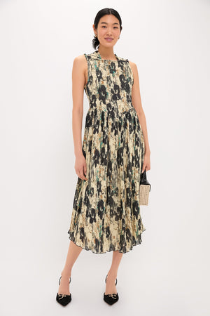 Afterglow Printed Pleats Smock Midi Straps Dress
