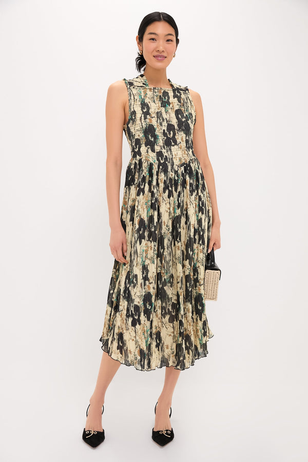 Afterglow Printed Pleats Smock Midi Straps Dress