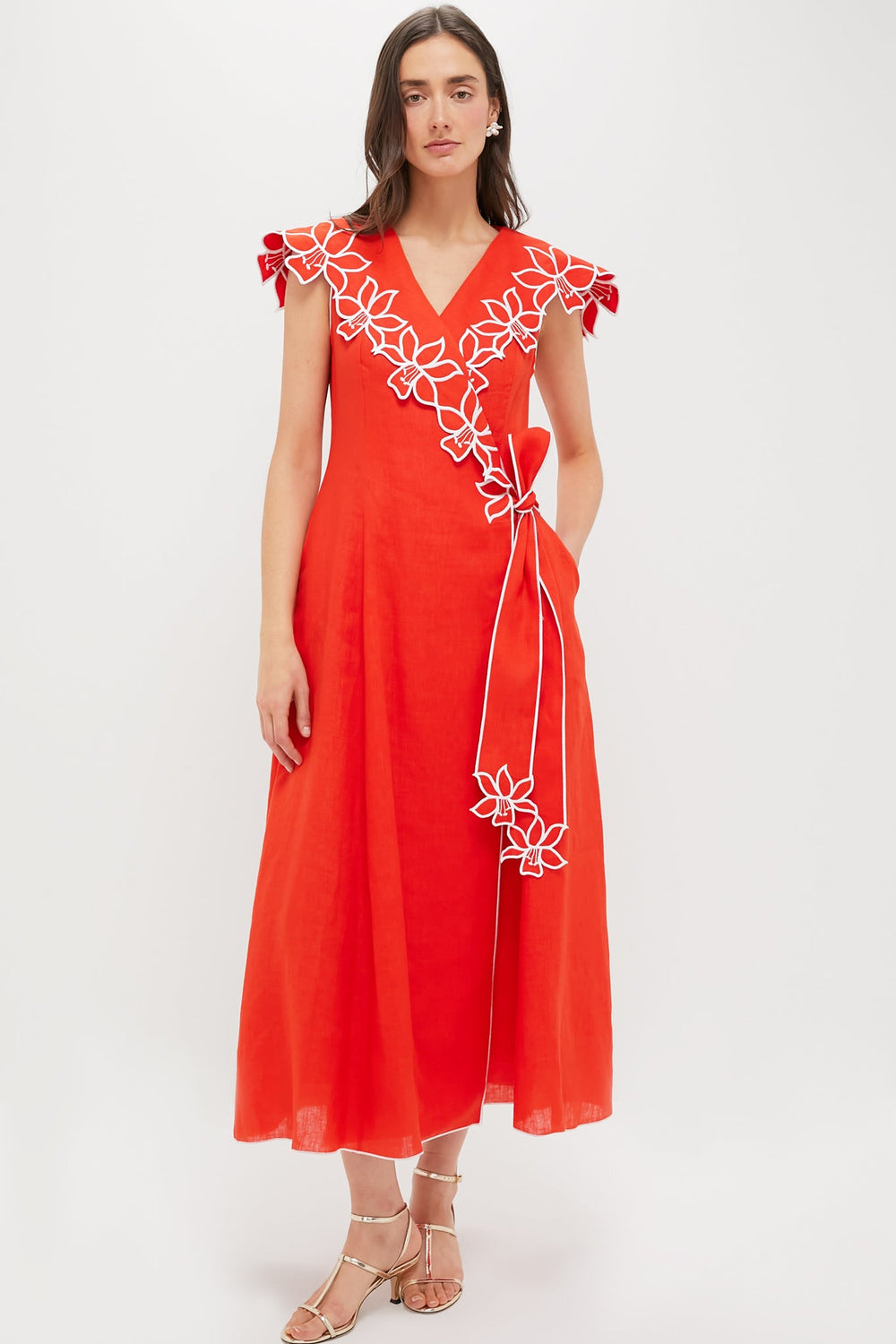 Red and White Embroidery Tessa Midi Dress