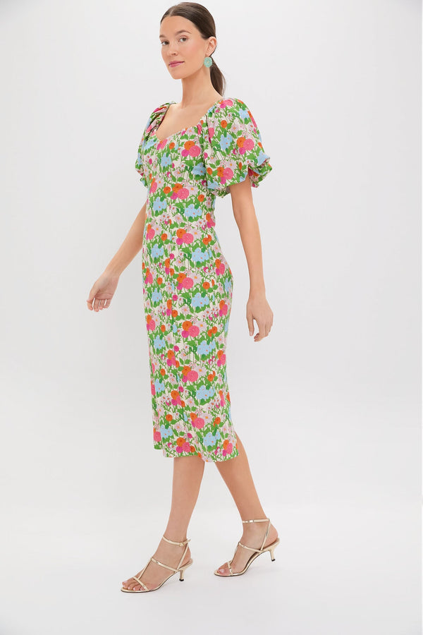 Green Multi Begonia Floral Sallie Midi Dress