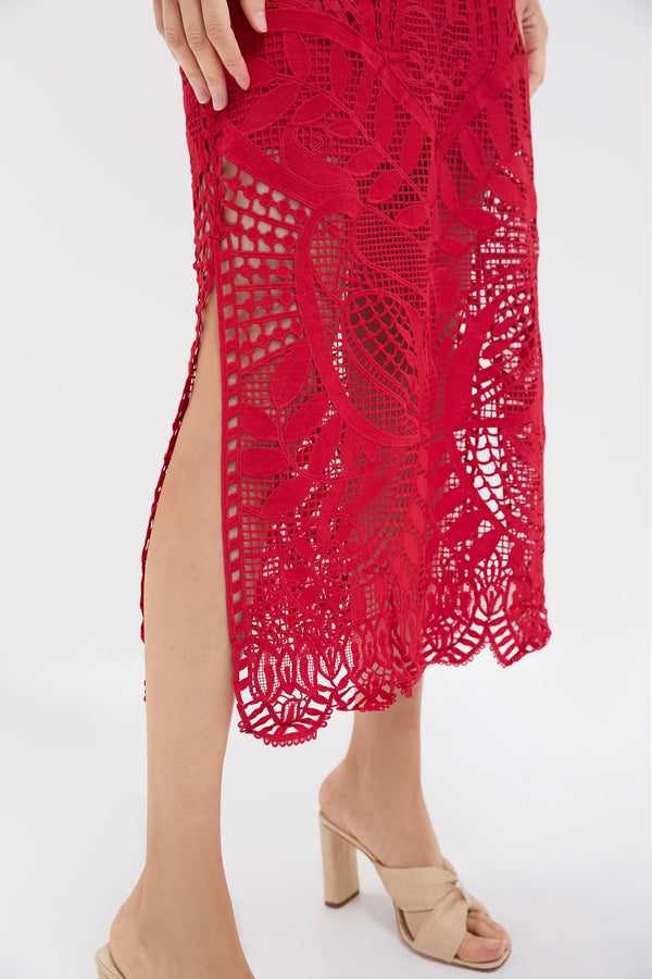 Red Nature Guipure Midi Dress