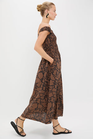 Large Lace Floral Chocolate Britt Off-Shoulder Maxi