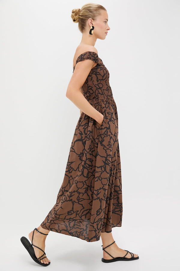 Large Lace Floral Chocolate Britt Off-Shoulder Maxi
