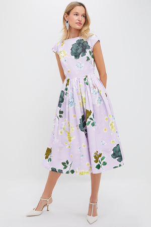 Margot Floral Lilac Boat Neck Full Skirt Midi Dress