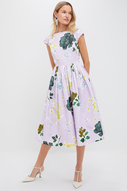 Margot Floral Lilac Boat Neck Full Skirt Midi Dress