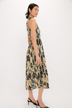 Afterglow Printed Pleats Smock Midi Straps Dress