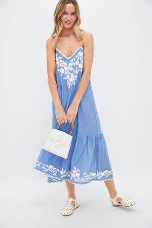 Denim and Cream Chambray V-Neck Midi Dress