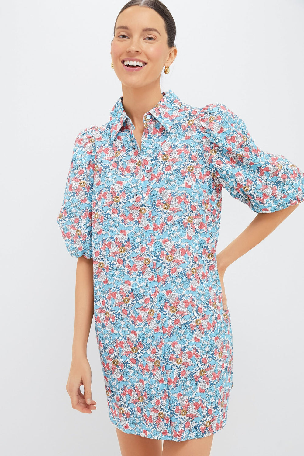 Blue & Coral Vines Cassidy Mini Shirt Dress