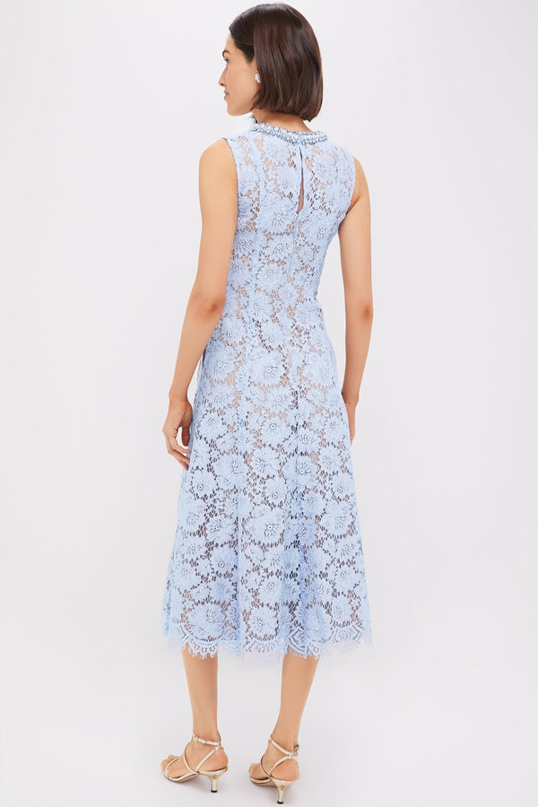 Blue Fine Lace Pearl Midi Dress