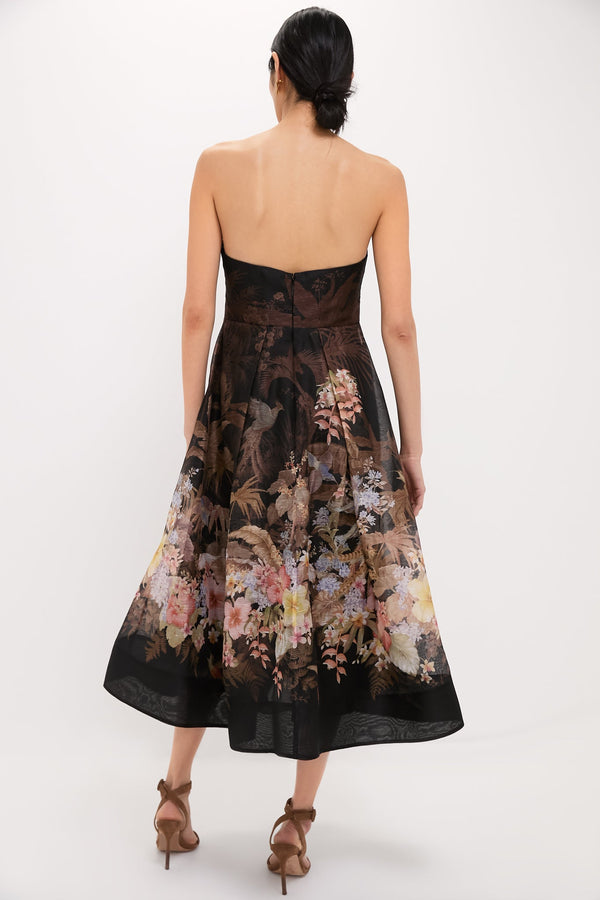 Black Tropical Illuminate Draped Midi Dress
