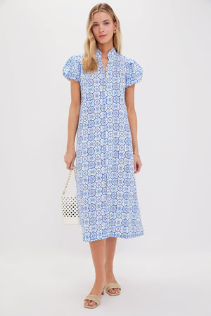 Blue Medallion Puff Sleeve Button Midi Dress