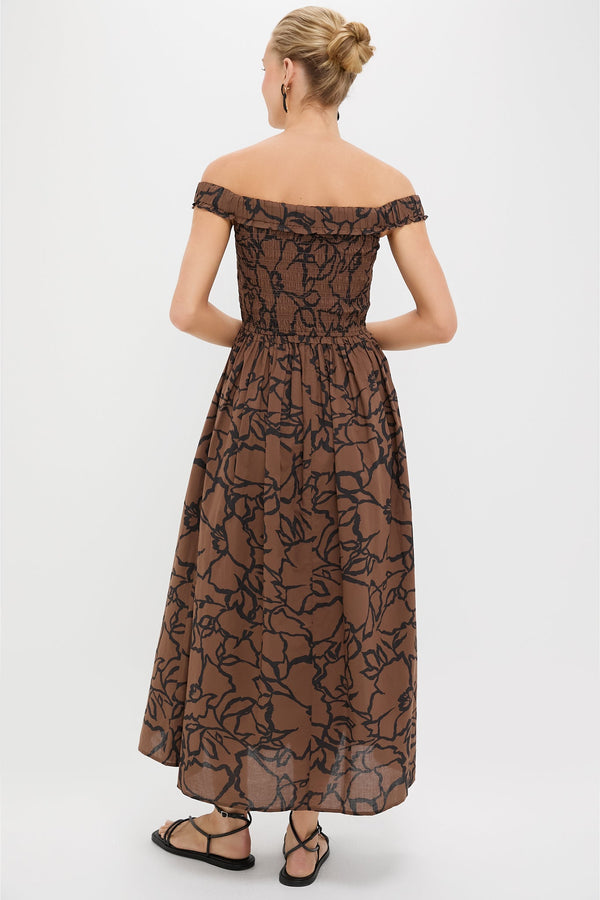 Large Lace Floral Chocolate Britt Off-Shoulder Maxi