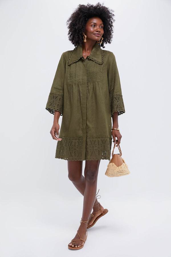 Army Green Linen Eyelet Delphine Dress
