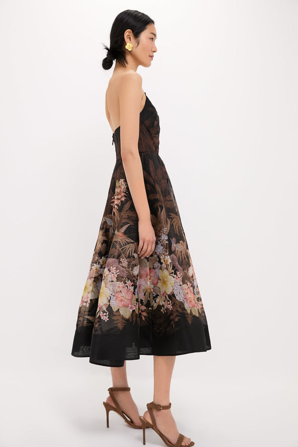Black Tropical Illuminate Draped Midi Dress