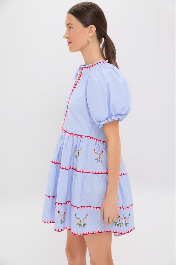 Blue Pinstripe Embroidered V-Neck Lillian Mini Dress