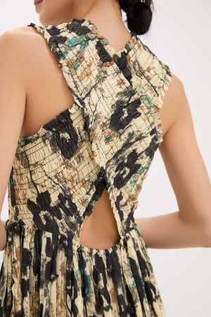 Afterglow Printed Pleats Smock Midi Straps Dress