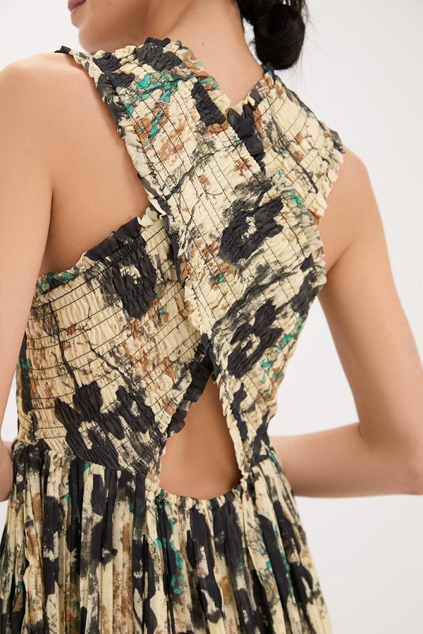 Afterglow Printed Pleats Smock Midi Straps Dress