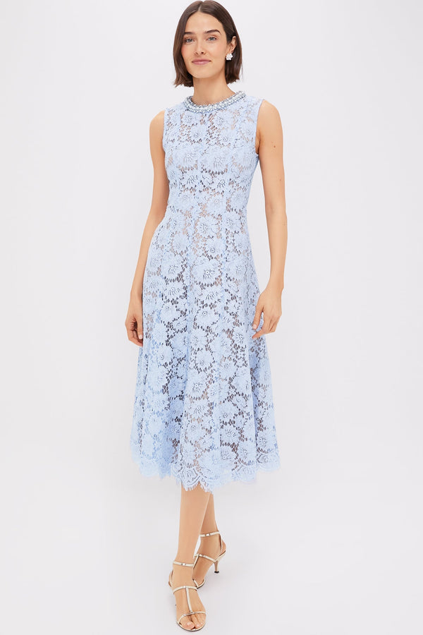 Blue Fine Lace Pearl Midi Dress