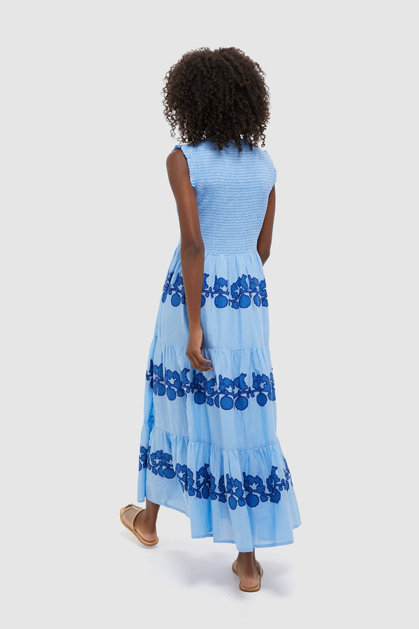 Exclusive Tangier Blue Sleeveless Smocked Maxi Dress