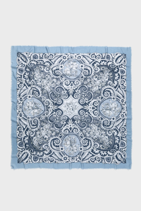 Blue Filigree Silk Cashmere Blend Large Scarf
