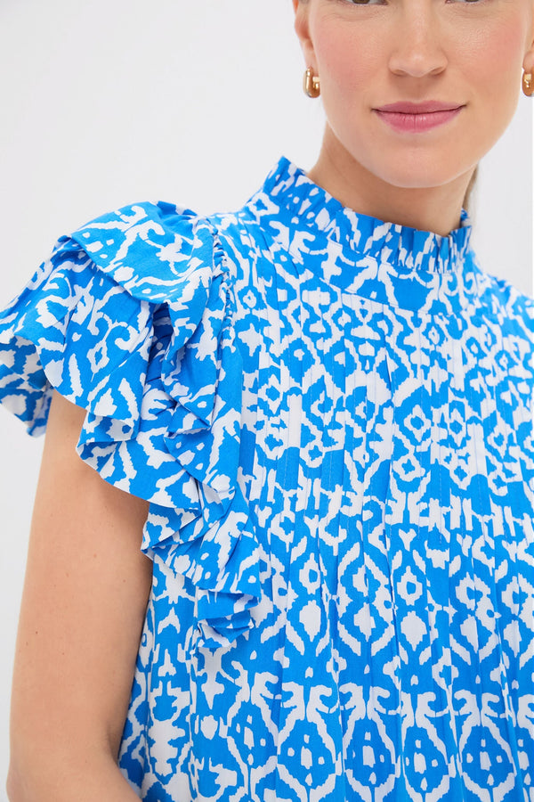 Blue & White Geo Ruffle Sleeve Simmons Mini Dress