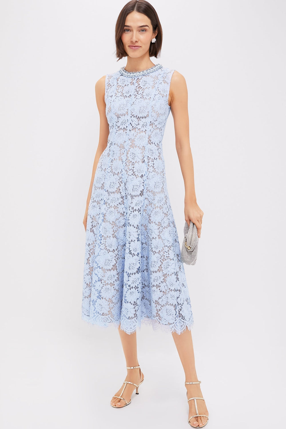 Blue Fine Lace Pearl Midi Dress