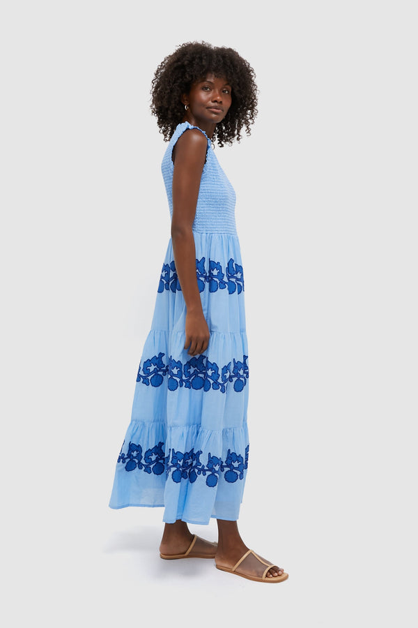 Exclusive Tangier Blue Sleeveless Smocked Maxi Dress