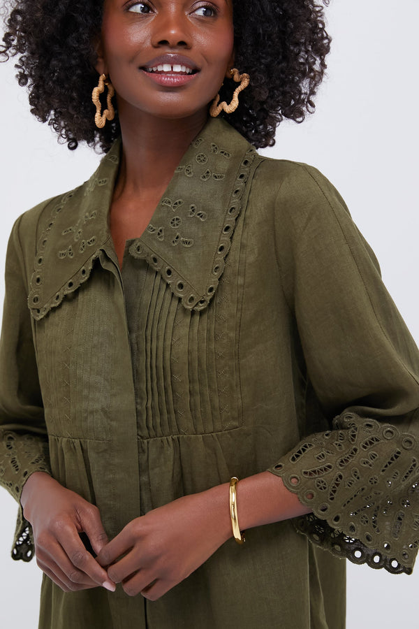 Army Green Linen Eyelet Delphine Dress