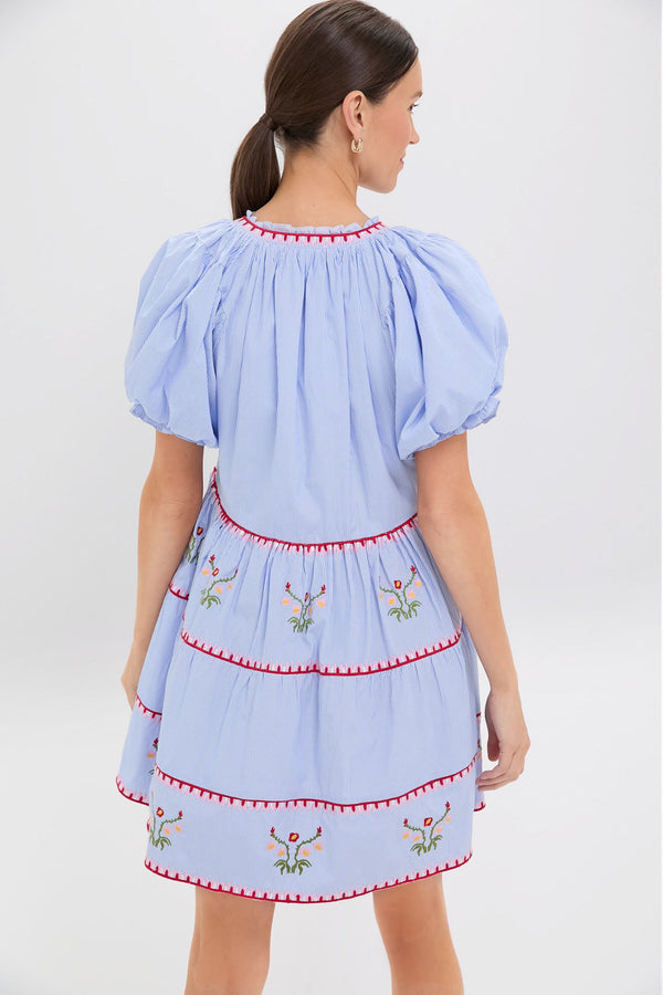 Blue Pinstripe Embroidered V-Neck Lillian Mini Dress