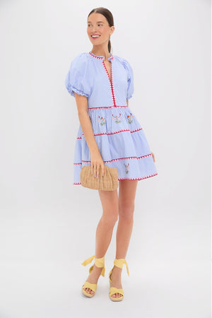 Blue Pinstripe Embroidered V-Neck Lillian Mini Dress
