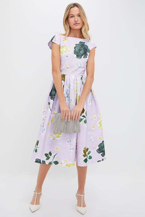 Margot Floral Lilac Boat Neck Full Skirt Midi Dress