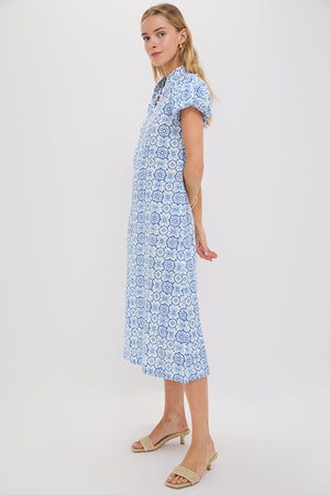 Blue Medallion Puff Sleeve Button Midi Dress