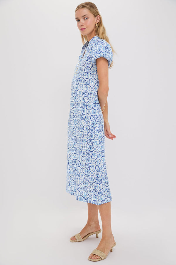 Blue Medallion Puff Sleeve Button Midi Dress