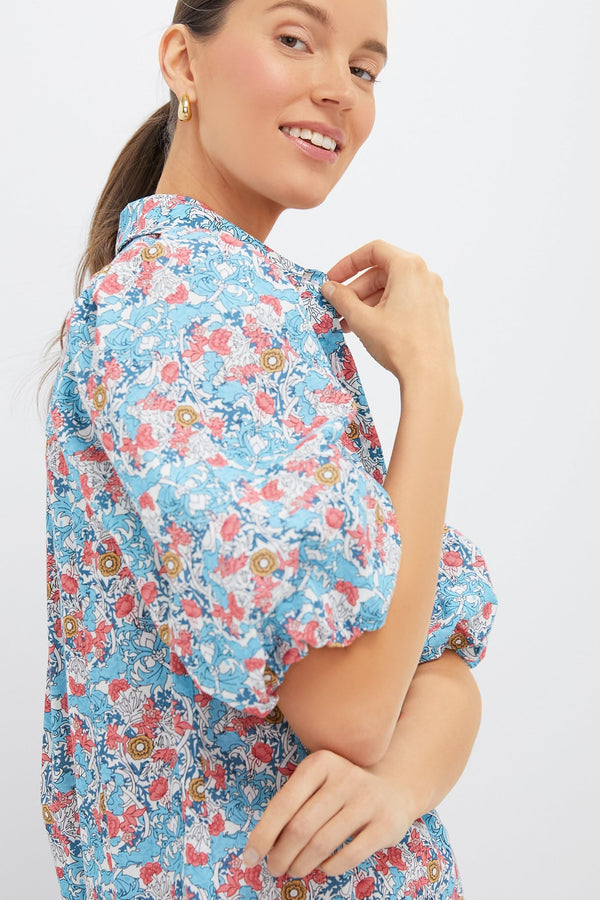 Blue & Coral Vines Cassidy Mini Shirt Dress