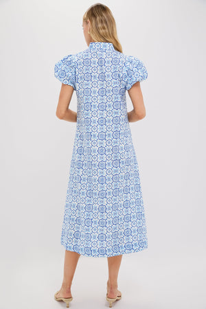 Blue Medallion Puff Sleeve Button Midi Dress